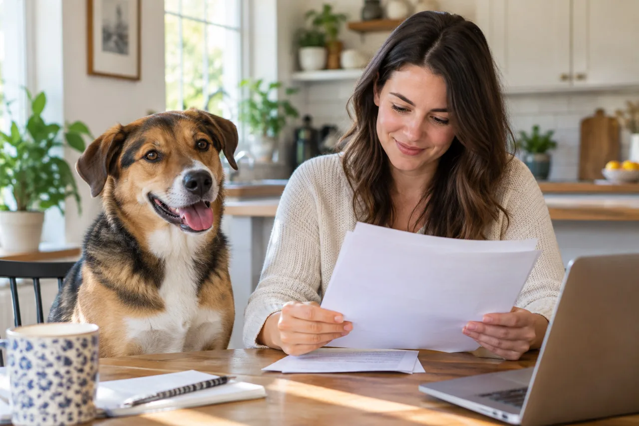 Owner reading documents beside a dog at home