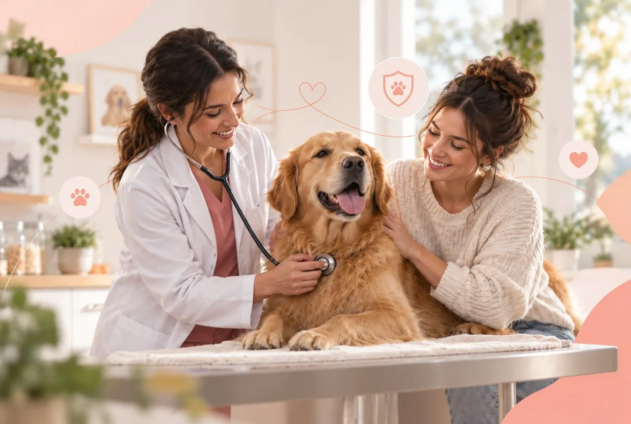 Veterinarian discussing paperwork with a dog owner